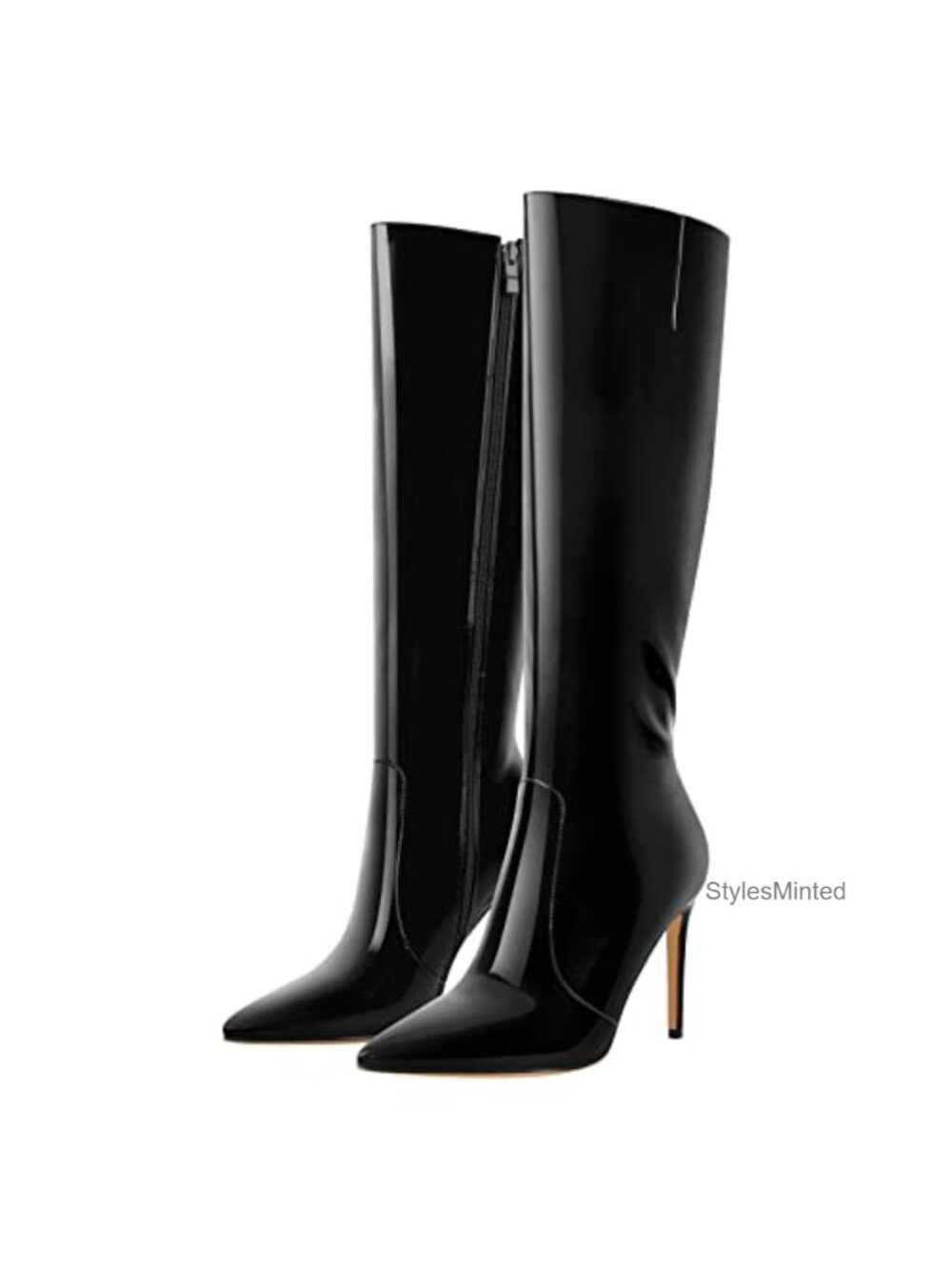 Pointed Toe Knee High Boots Stiletto Heels Faux Leather
